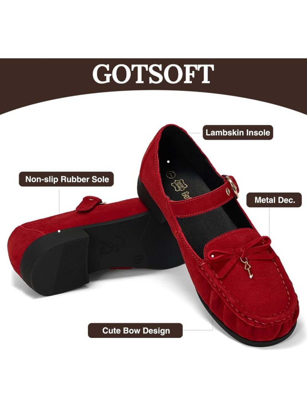 Women's Red Leather Loafers Bow Buckle Comfortable Classic Dress Work Shoes - Picture 6 of 7